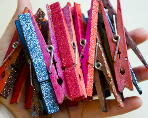 dyed and glittered clothespins