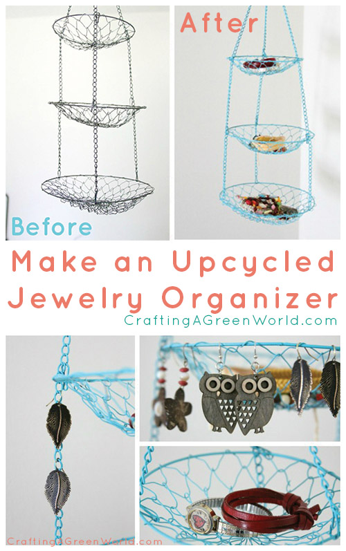 Turn a salvaged hanging fruit basket into bright, cheerful DIY jewelry storage with just a few basic tools and supplies.