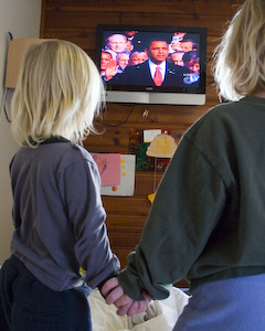 My girls watching the inauguration of President Barack Obama