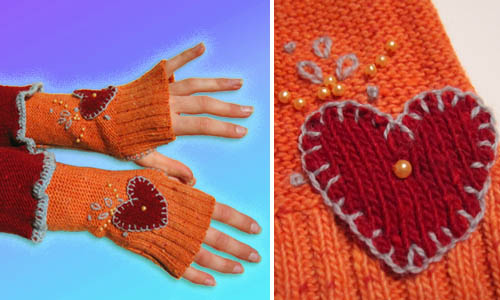 A sweater upcycled into fingerless gloves.