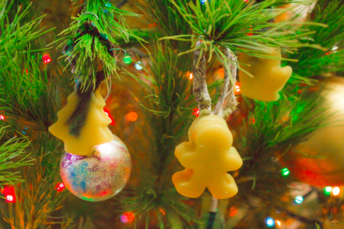beeswax and fabric scrap Christmas tree ornaments