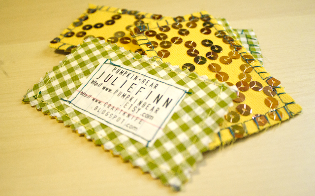 business cards made from fabric scraps and recycled paper
