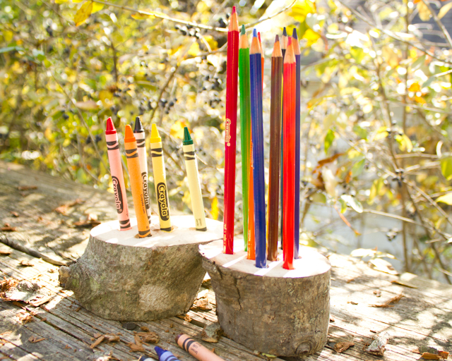 crayon holder and colored pencil holder from a fallen tree branch