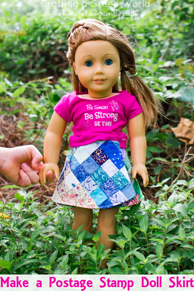 Doll clothes are great for busting those teeny-tiny fabric pieces in your stash, and this postage stamp doll skirt is an especially good stash-buster.