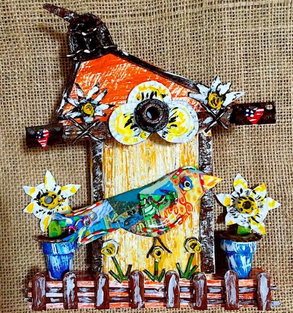 Mixed media artist Deane Bowers* makes vibrant, cheerful upcycled folk art pieces.