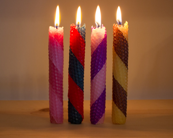 striped rolled beeswax candles