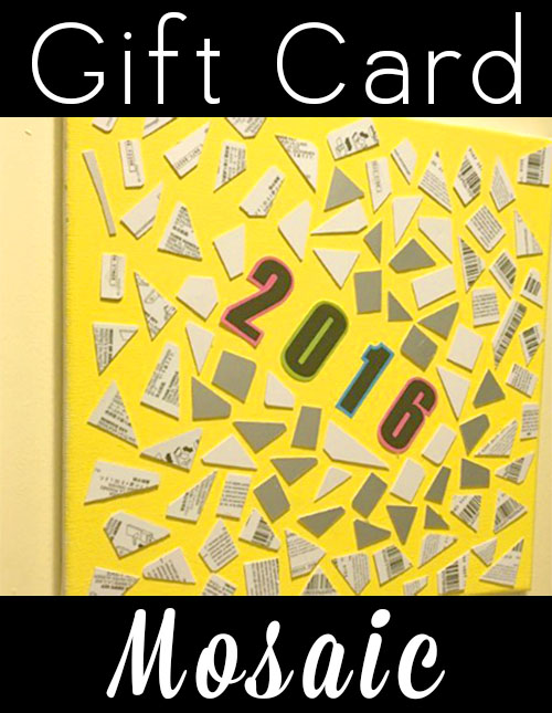 Do you have a stack of empty gift cards from holiday gift-giving? Don't toss them out! Cut them into tiny pieces and use them in a clever gift card mosaic.