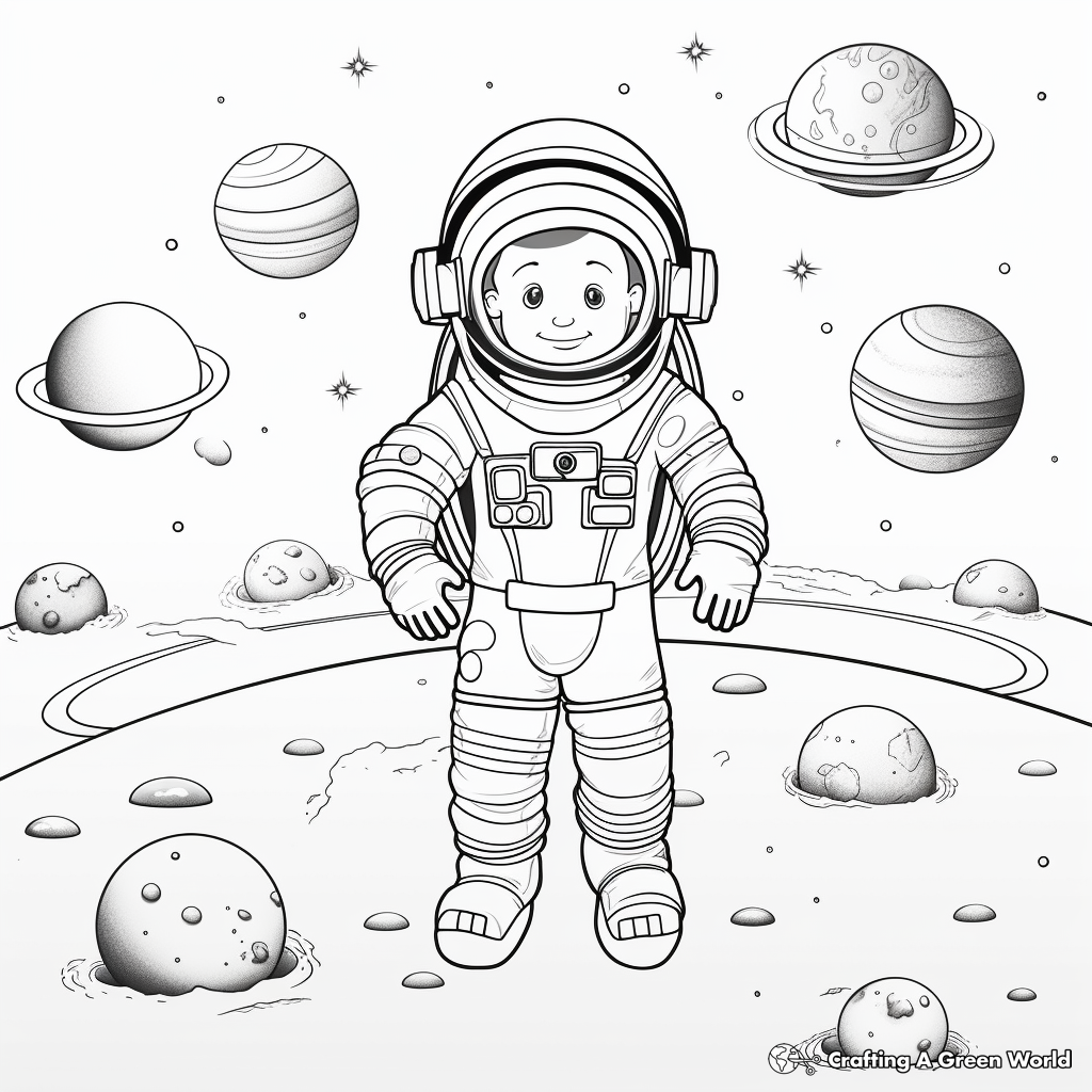 Astronaut in Space: Realistic Solar System Coloring Pages 1
