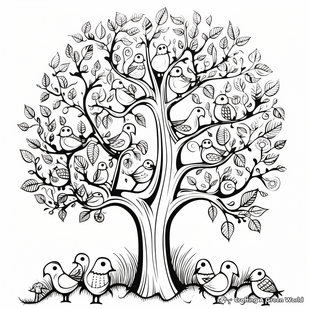 Autumn Tree and Birds Coloring Pages 4
