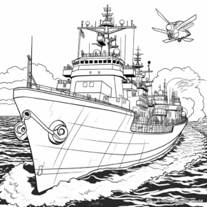 Battle at Sea: Warship Scene Coloring Pages 1