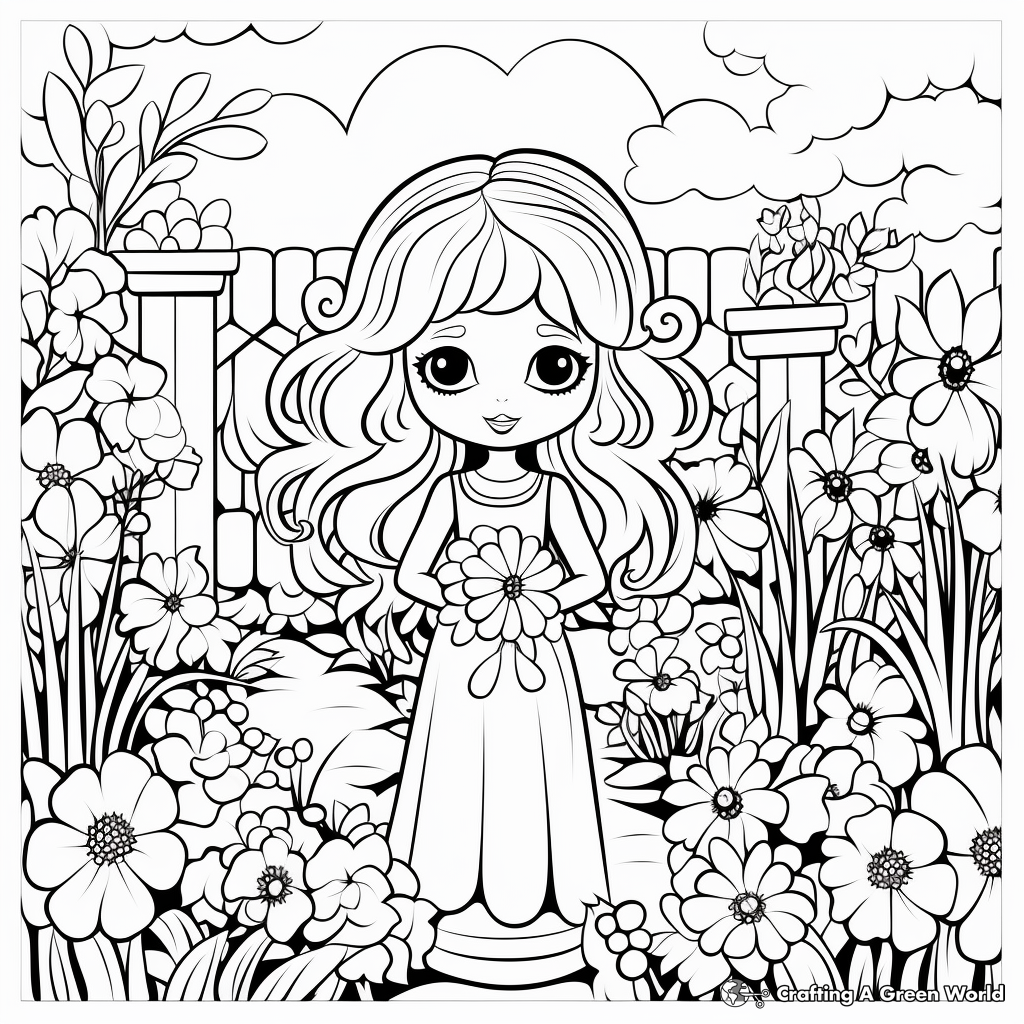 Bride in the Garden: Flower-Scene Coloring Pages 1
