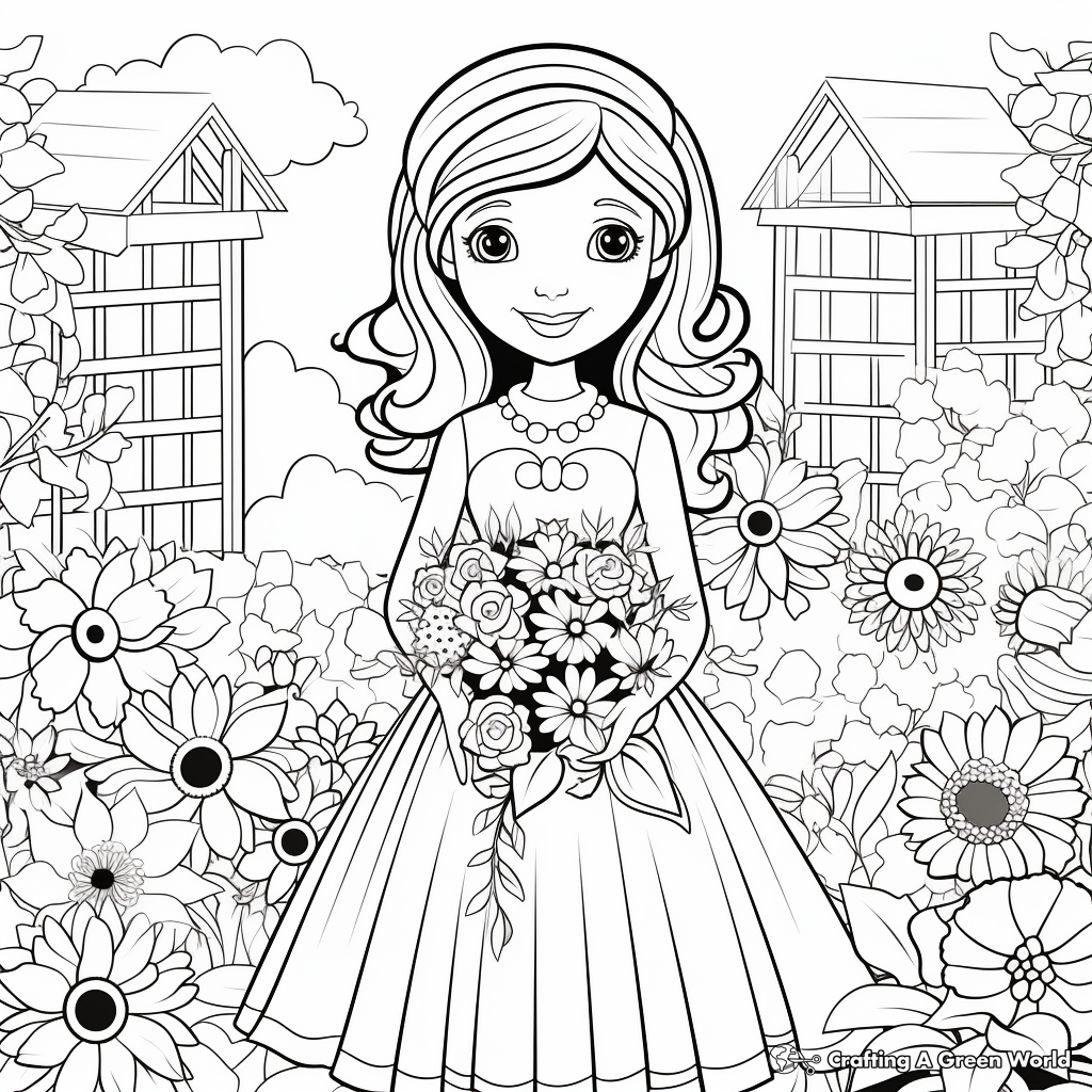 Bride in the Garden: Flower-Scene Coloring Pages 3