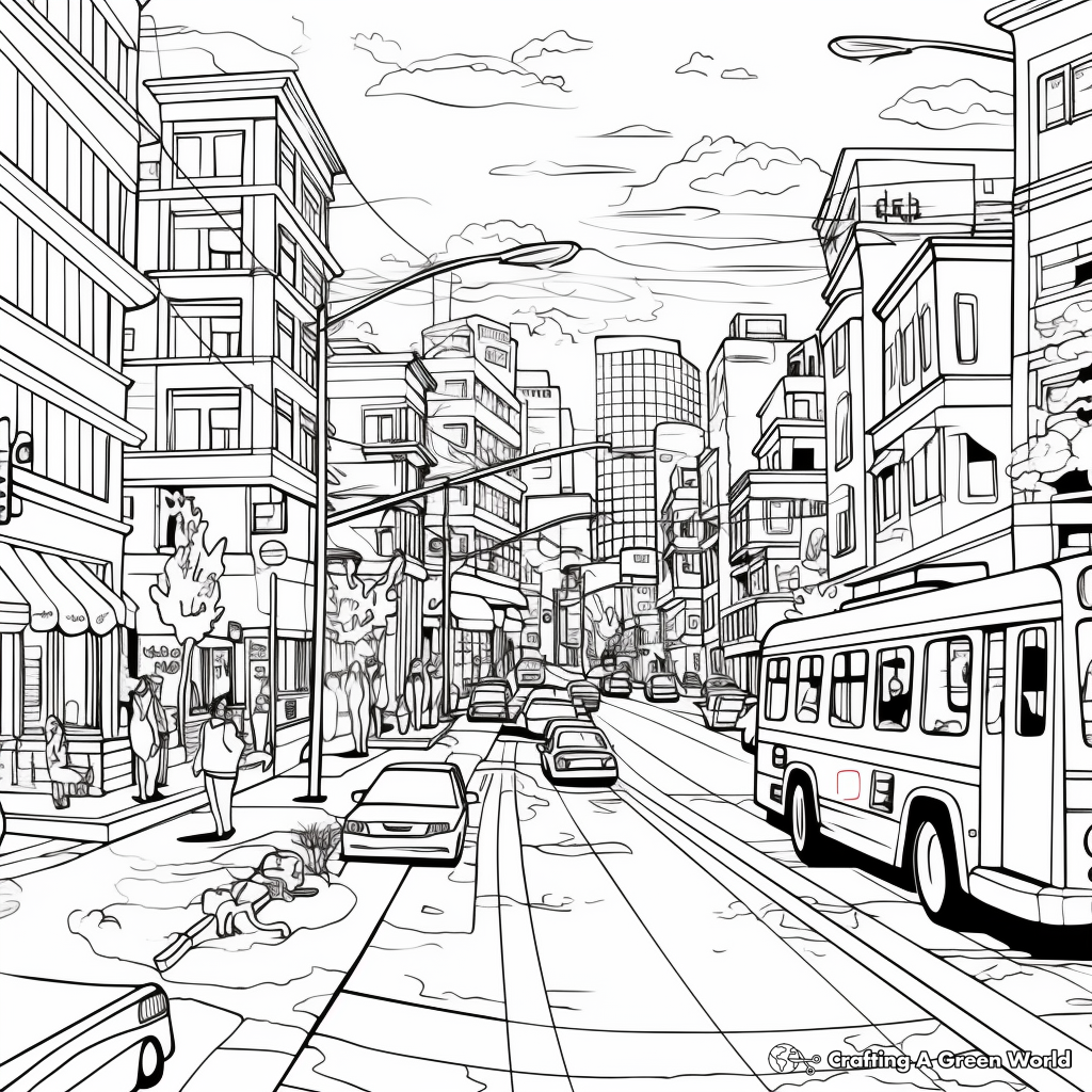Bustling City Street: Urban Scene Coloring Pages 1