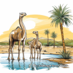 Camels Grazing Coloring Pages: Oasis Scene 1