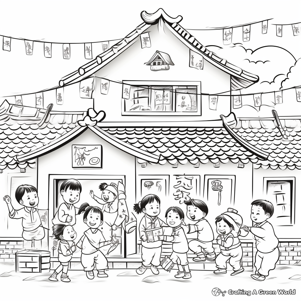 Chinese New Year Celebrations in Traditional Villages Coloring Pages 1