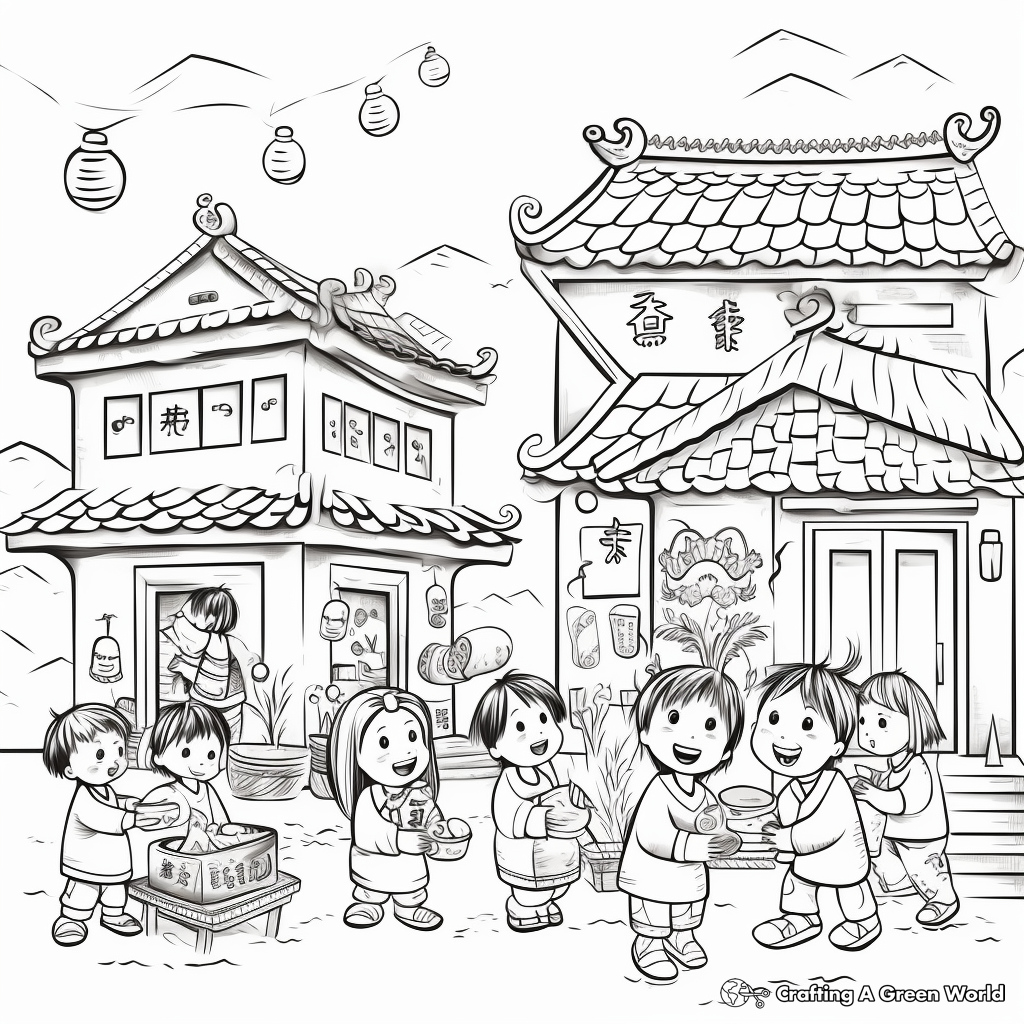 Chinese New Year Celebrations in Traditional Villages Coloring Pages 2