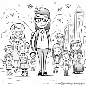 Coloring Pages of Children Meeting their Teacher on the First Day 4