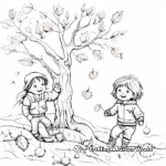 Páginas para colorear de niños jugando con las hojas de otoño 1
