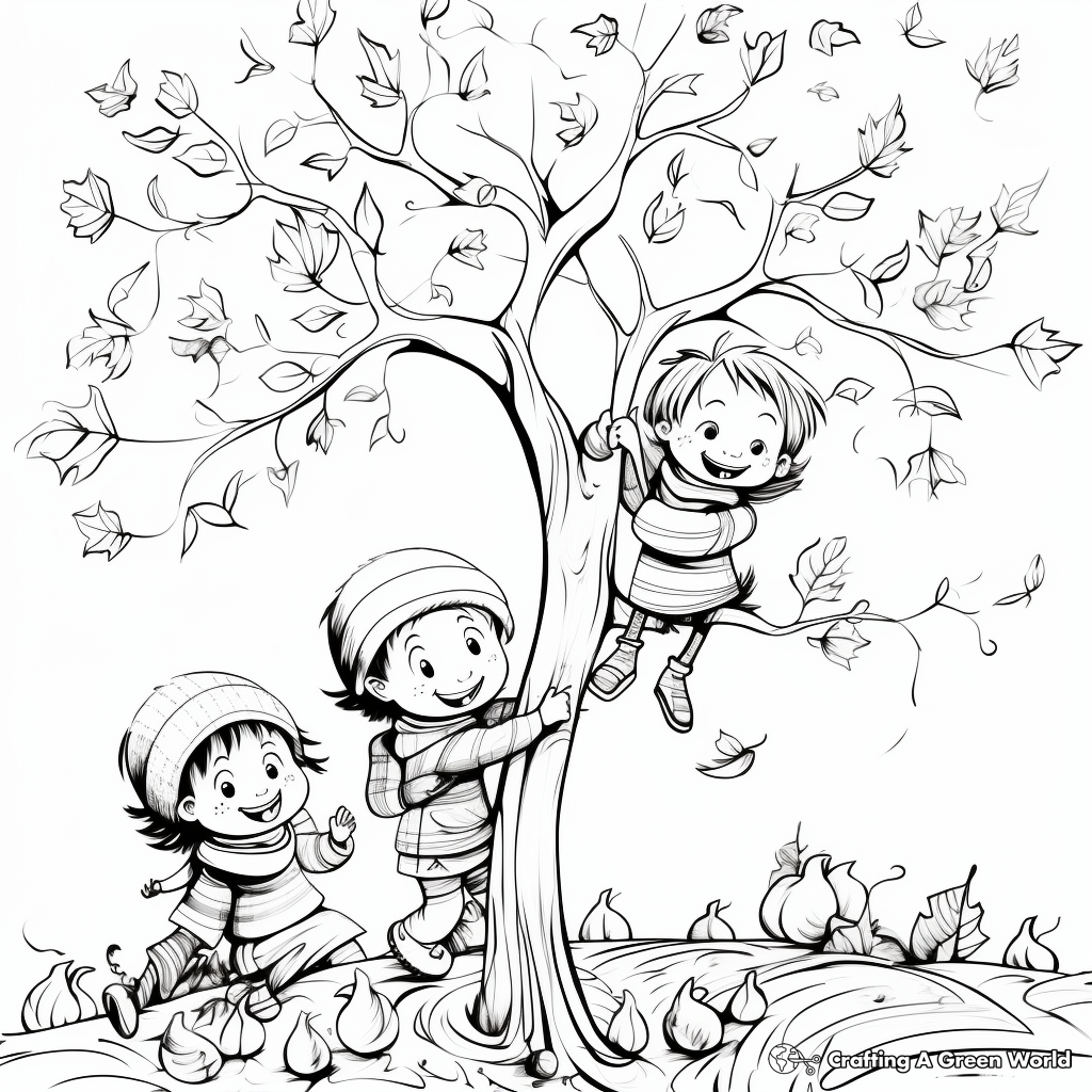 Coloring Pages of Children Playing in the Fall Leaves 2