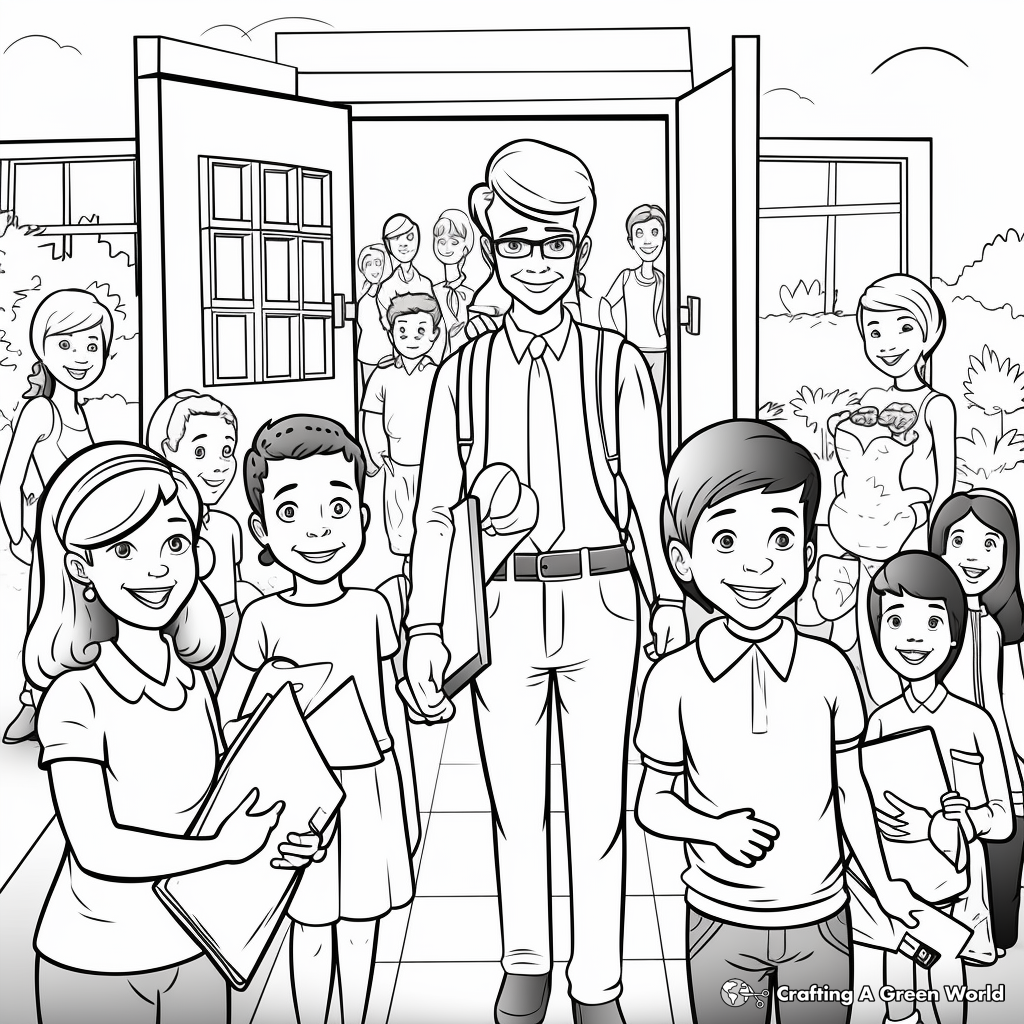 Coloring Pages of Teacher Welcoming Students on First Day 1