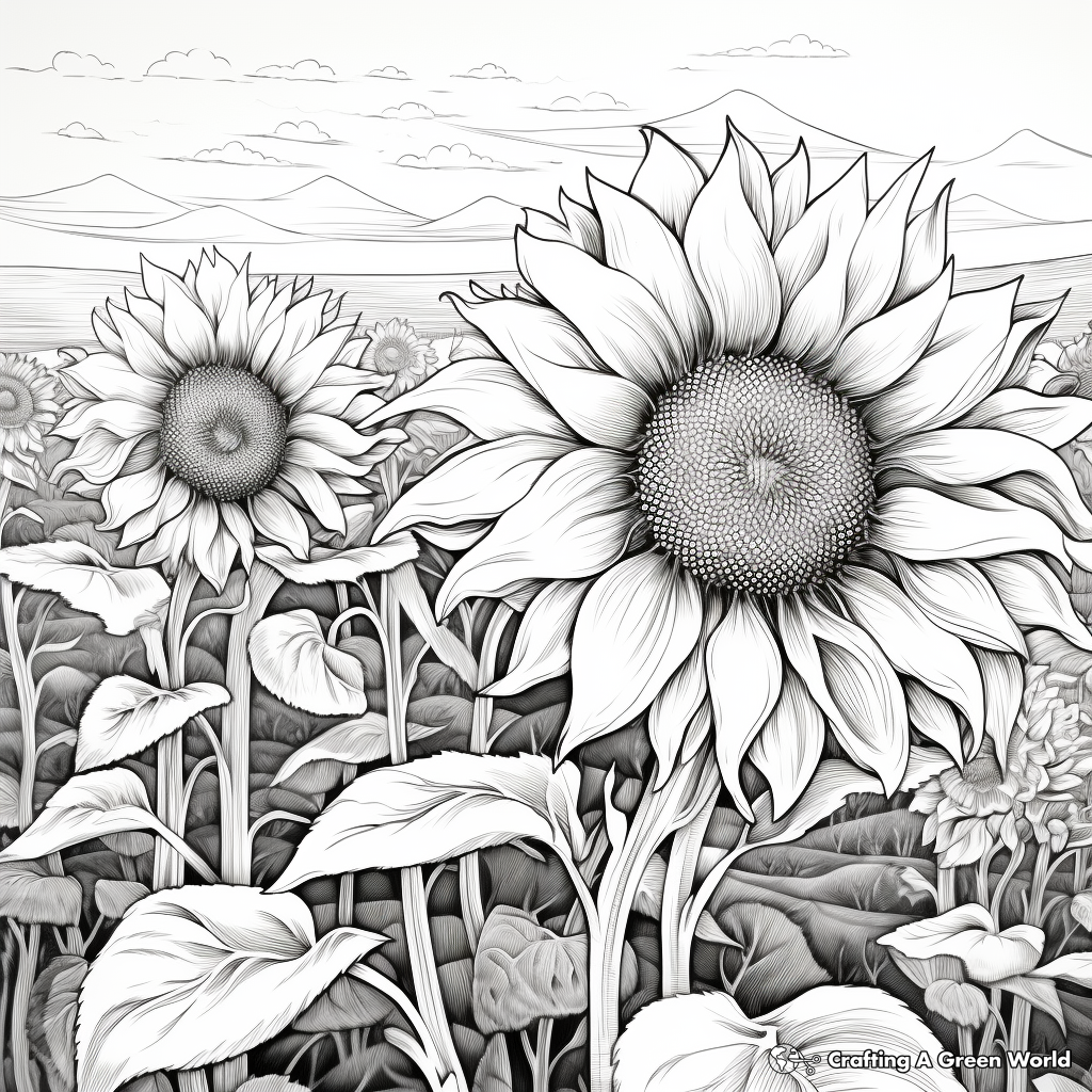 Complex Detailed Sunflower Field Coloring Pages for Adults 1