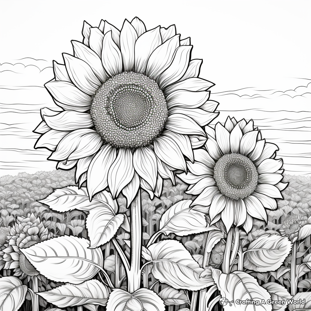 Complex Detailed Sunflower Field Coloring Pages for Adults 3
