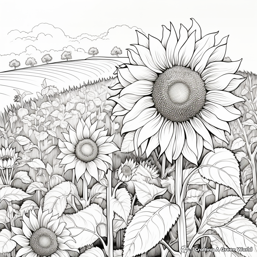 Complex Detailed Sunflower Field Coloring Pages for Adults 4