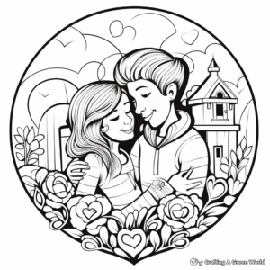 Couples Embrace: Valentine's Scene Coloring Pages 1