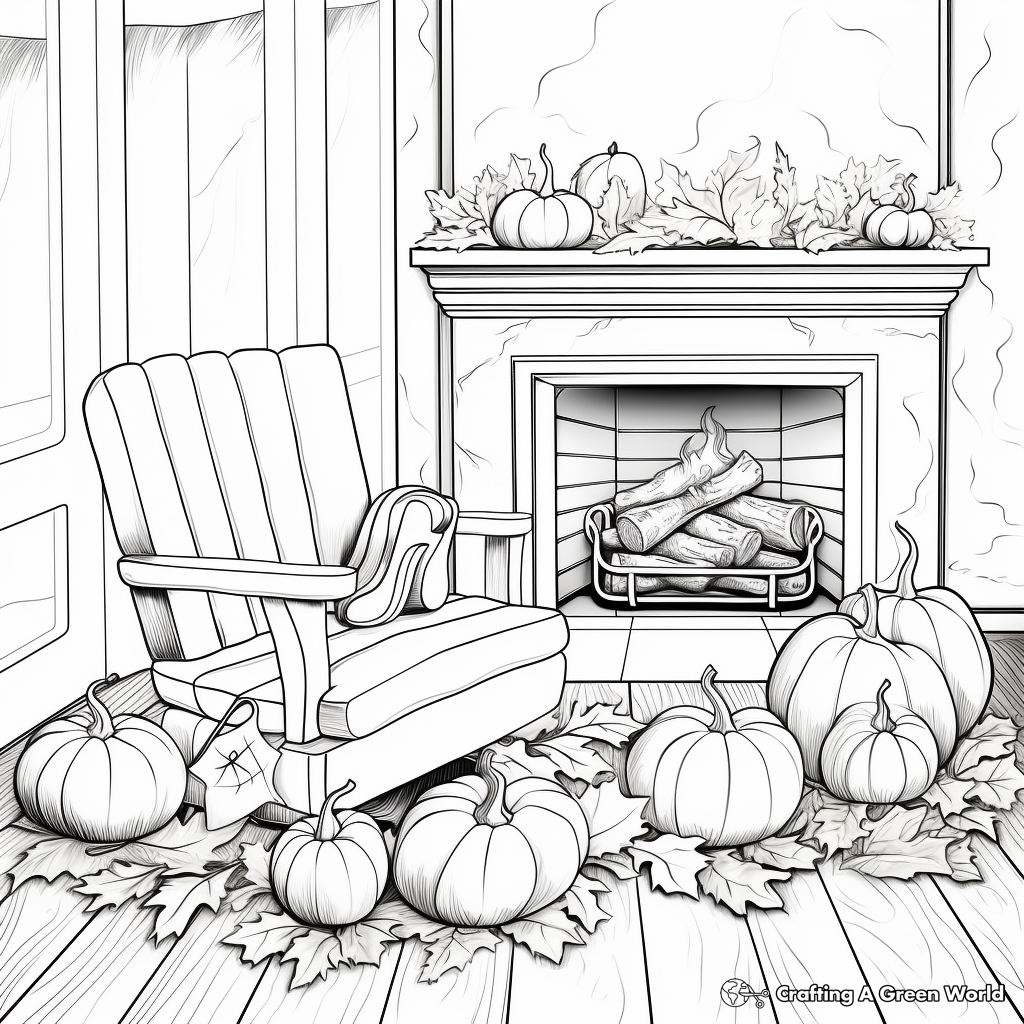 Cozy Fall Fireplace Scene Coloring Pages 2