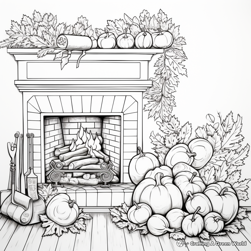 Cozy Fireplace Thanksgiving Coloring Pages 1