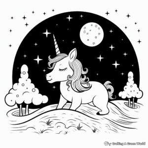 Dreamy Unicorn at Night Coloring Pages 1