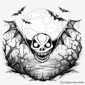 Eerie Full Moon and Bats Halloween Coloring Pages 2