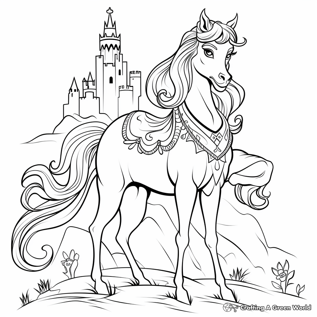 Fairy-Tale Unicorn and Princess Coloring Pages 2