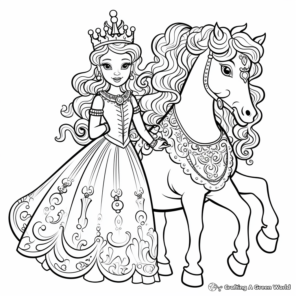 Fairy-Tale Unicorn and Princess Coloring Pages 3