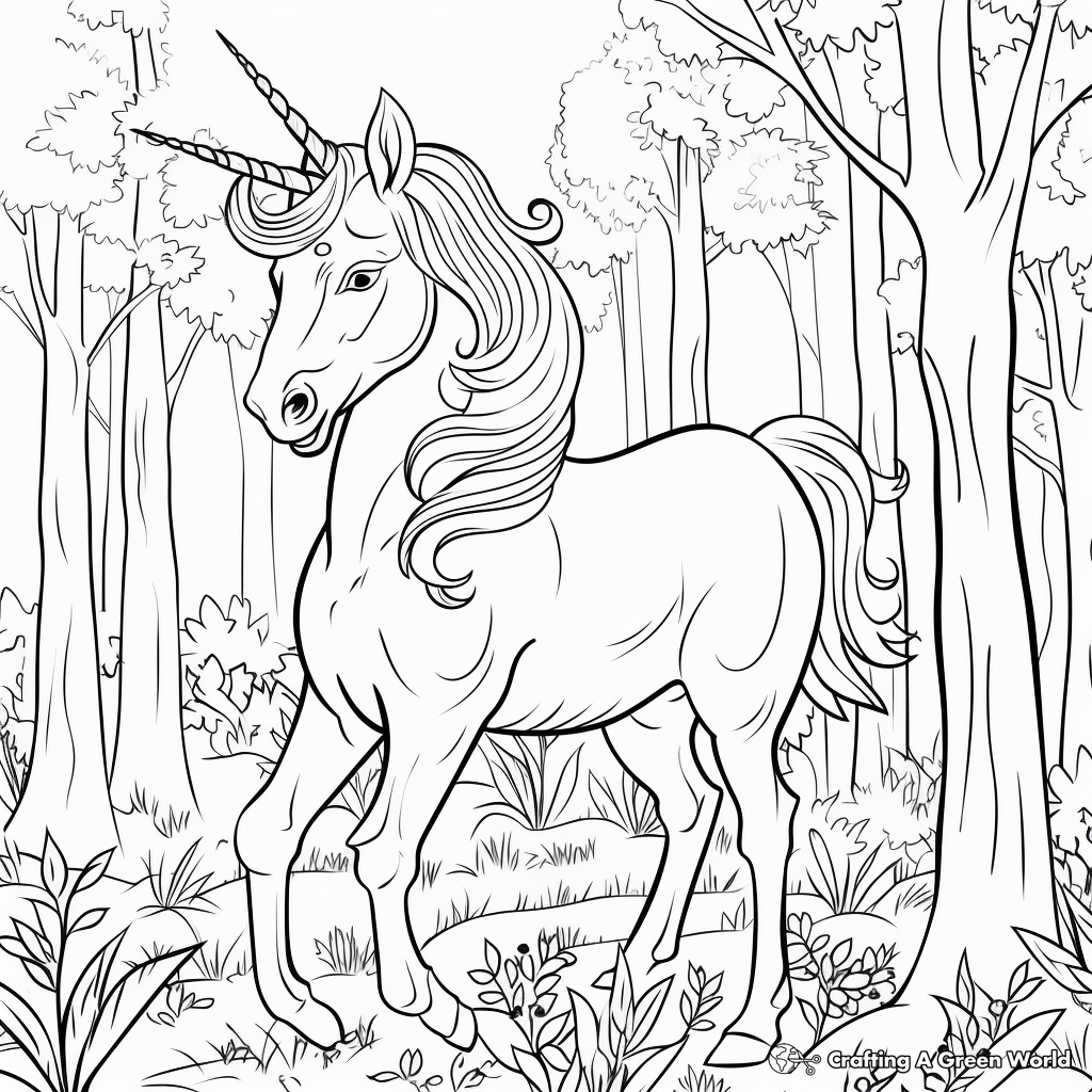 Fantasy Unicorn in the Forest Coloring Pages 1