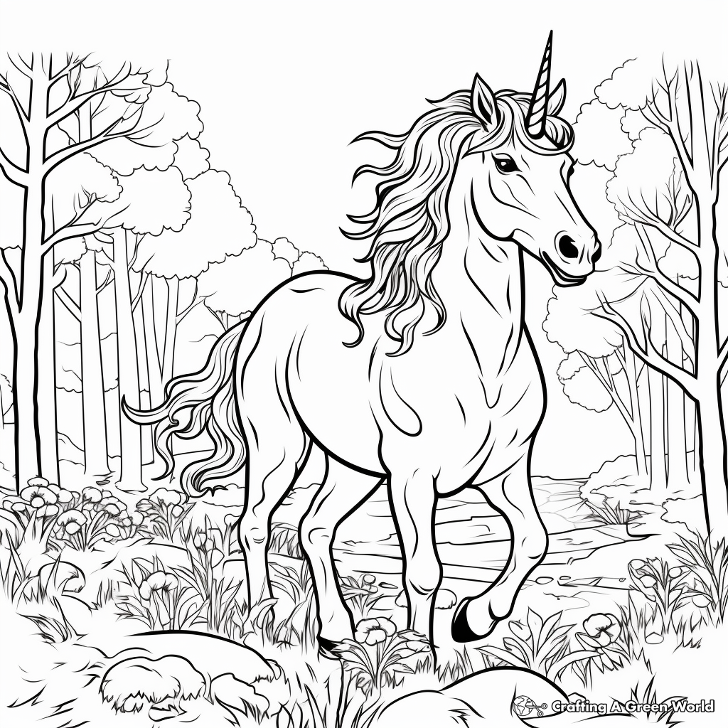Fantasy Unicorn in the Forest Coloring Pages 2