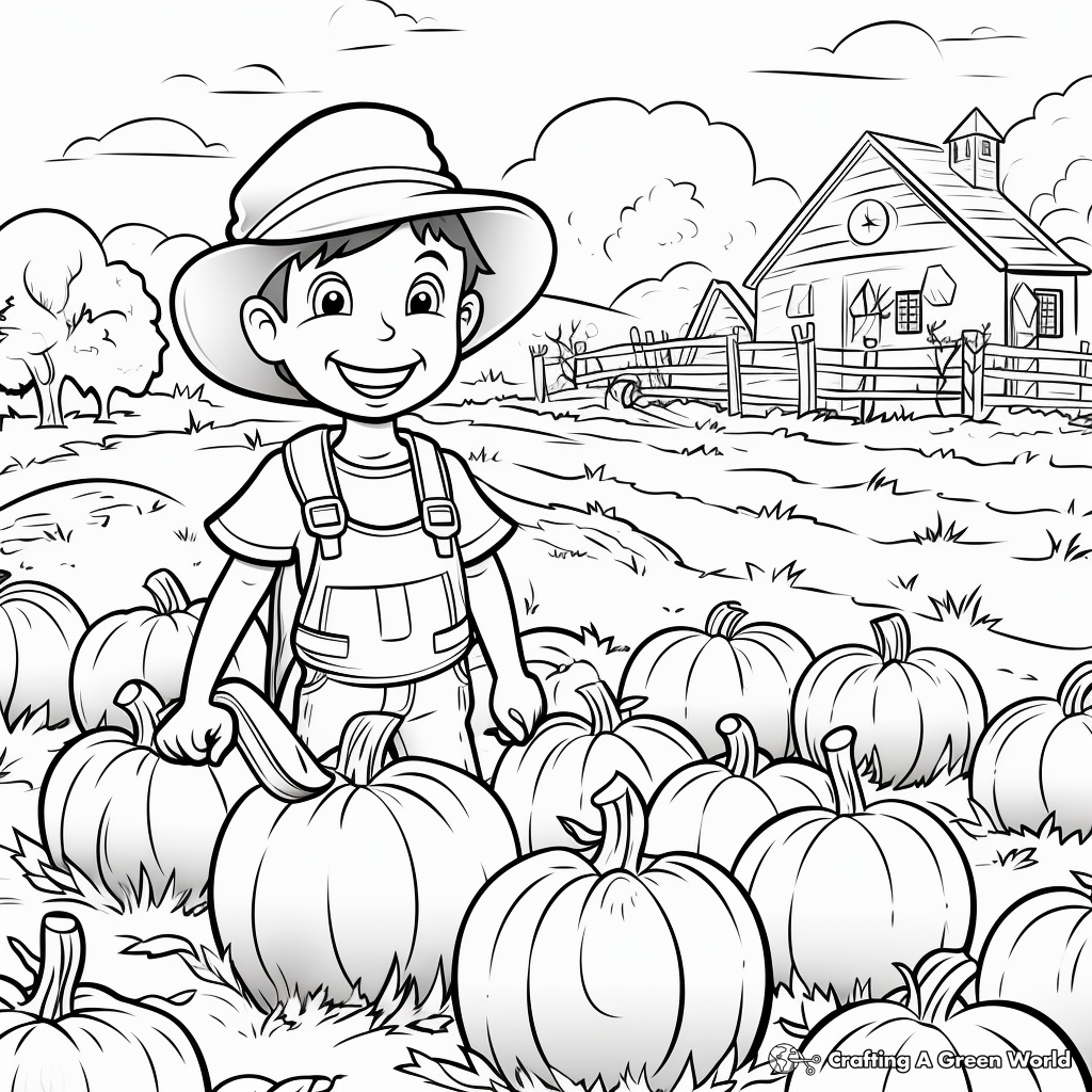 Farm-Scene Pumpkin Patch and Jack o Lantern Coloring Pages 2