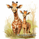Giraffe with Calves: Family Time Coloring Pages 2