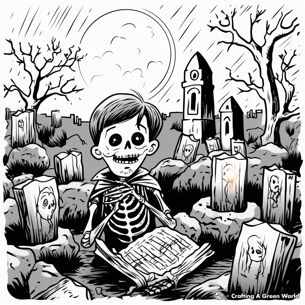 Gloom-Ridden Graveyard Scene Coloring Pages 1