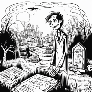 Gloom-Ridden Graveyard Scene Coloring Pages 2