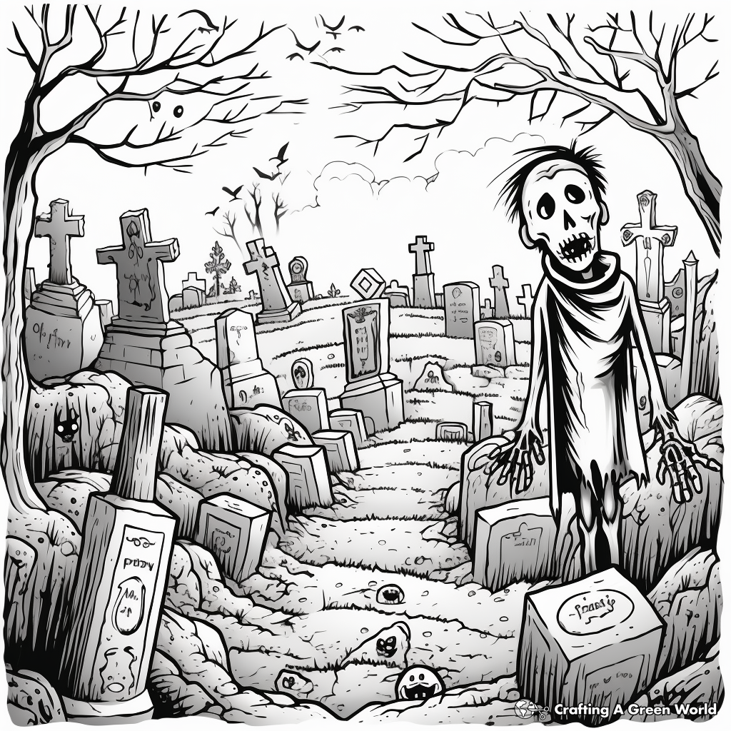 Gloom-Ridden Graveyard Scene Coloring Pages 3