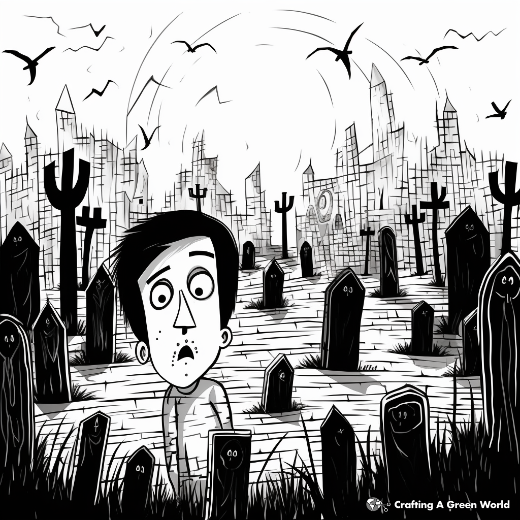 Gloom-Ridden Graveyard Scene Coloring Pages 4