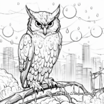 Great Horned Owl in The Rain: Weather-Scene Coloring Pages 1
