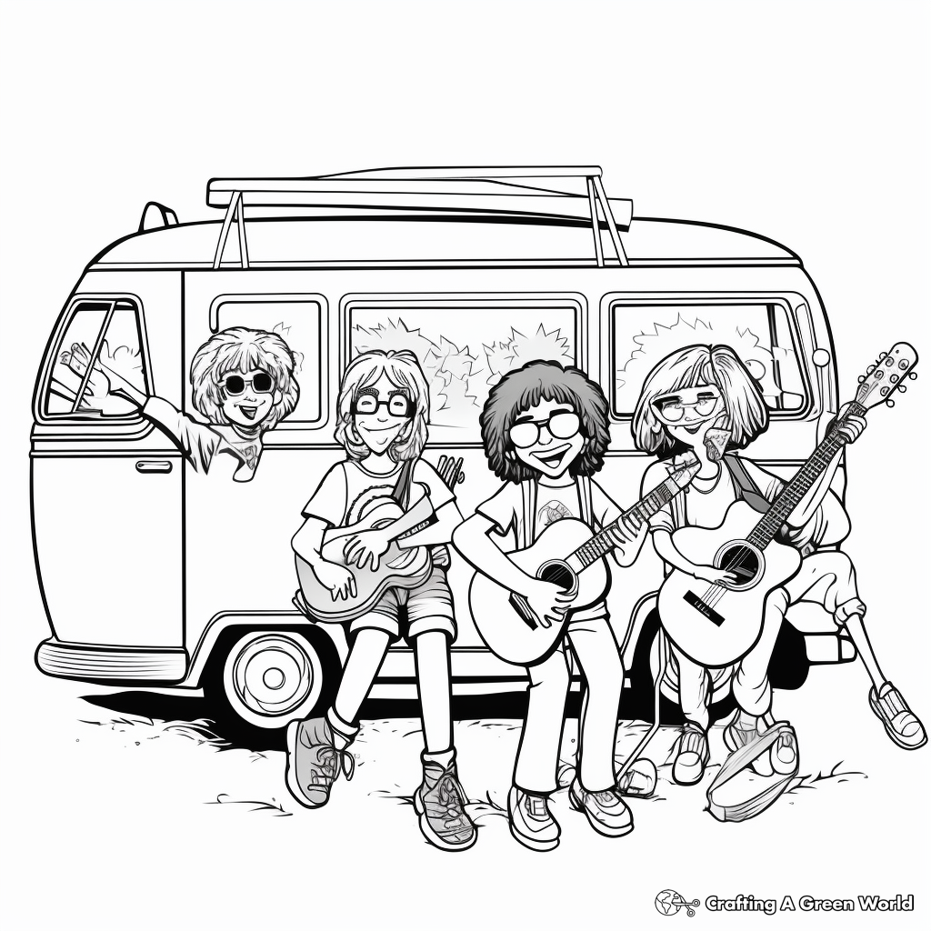 Hippie Van with Band Members Coloring Pages 2