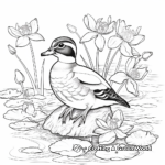 Illustrative Wood Duck and Water Lilies Coloring Page 1