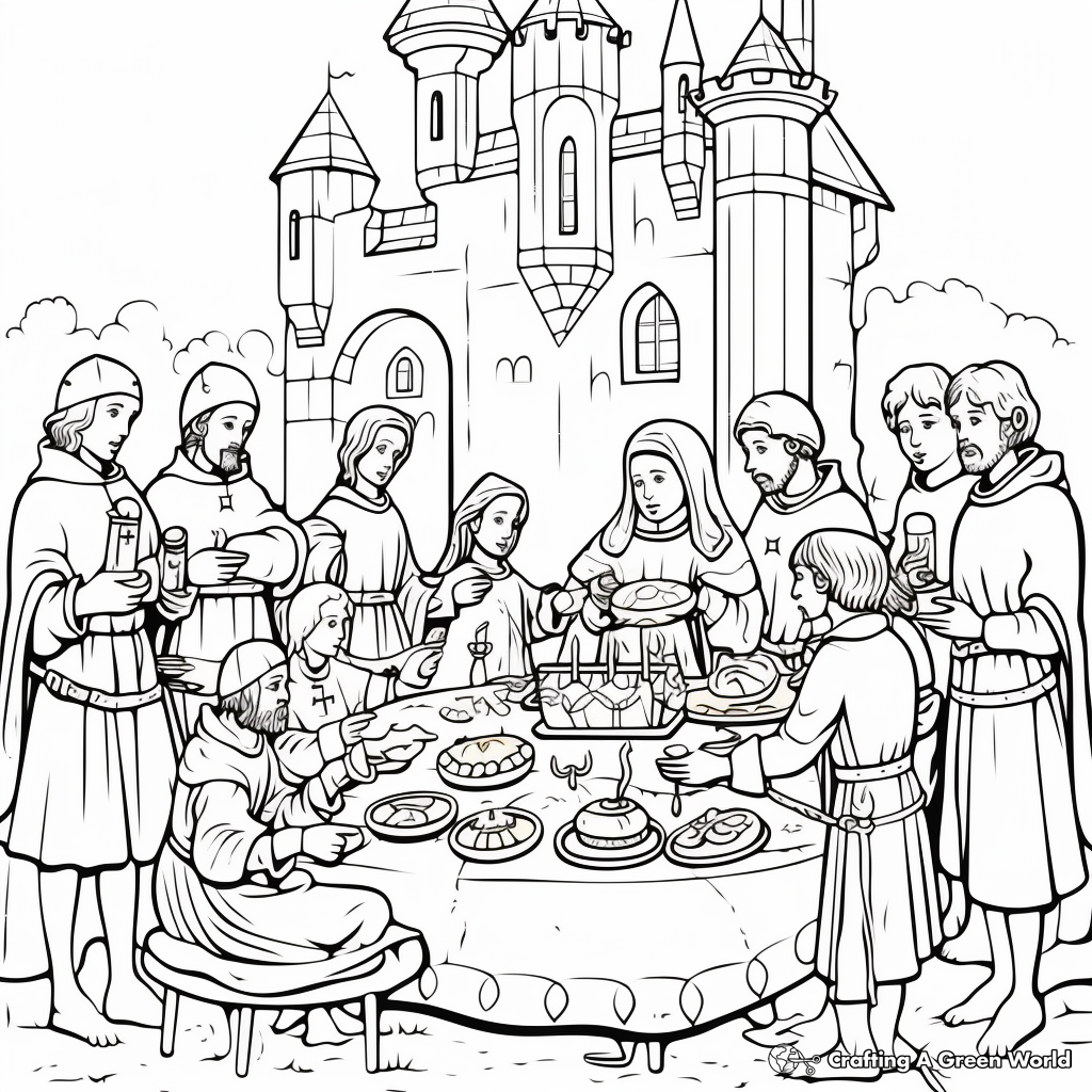 Medieval Festivities: Feast Scene Coloring Pages 2