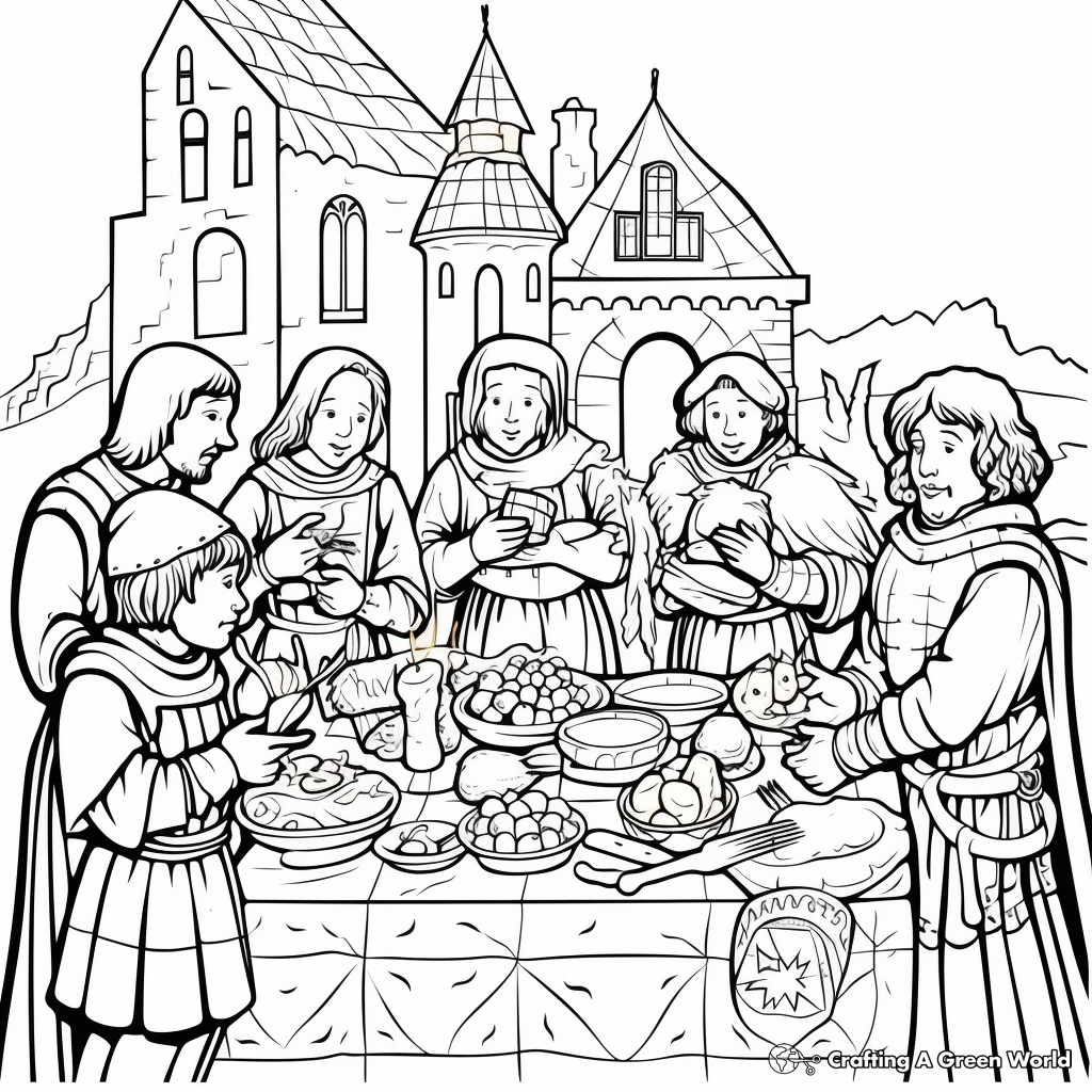 Medieval Festivities: Feast Scene Coloring Pages 3