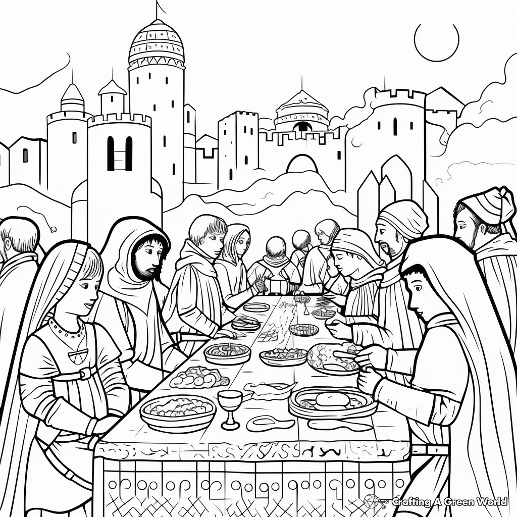 Medieval Festivities: Feast Scene Coloring Pages 4