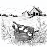 Nest Building Wrens: Countryside Scene Coloring Pages 2
