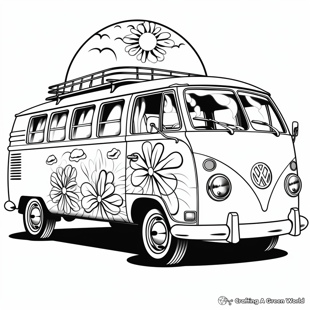 Rainbow Themed Hippie Van Coloring Pages 1